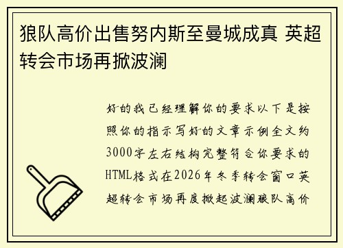 狼队高价出售努内斯至曼城成真 英超转会市场再掀波澜