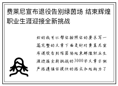 费莱尼宣布退役告别绿茵场 结束辉煌职业生涯迎接全新挑战